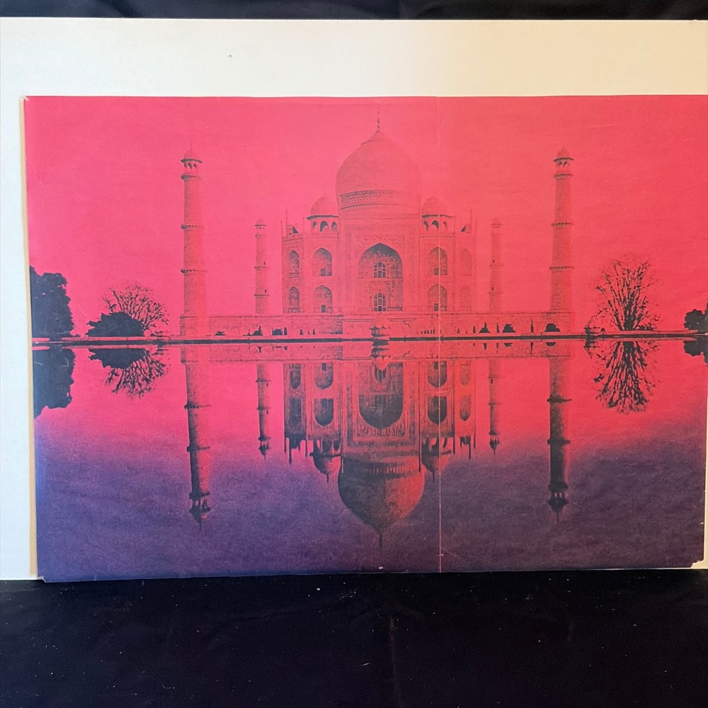 Vintage Taj Mahal Lithograph Print Pink Purple Psychedelic Mid Century Art India